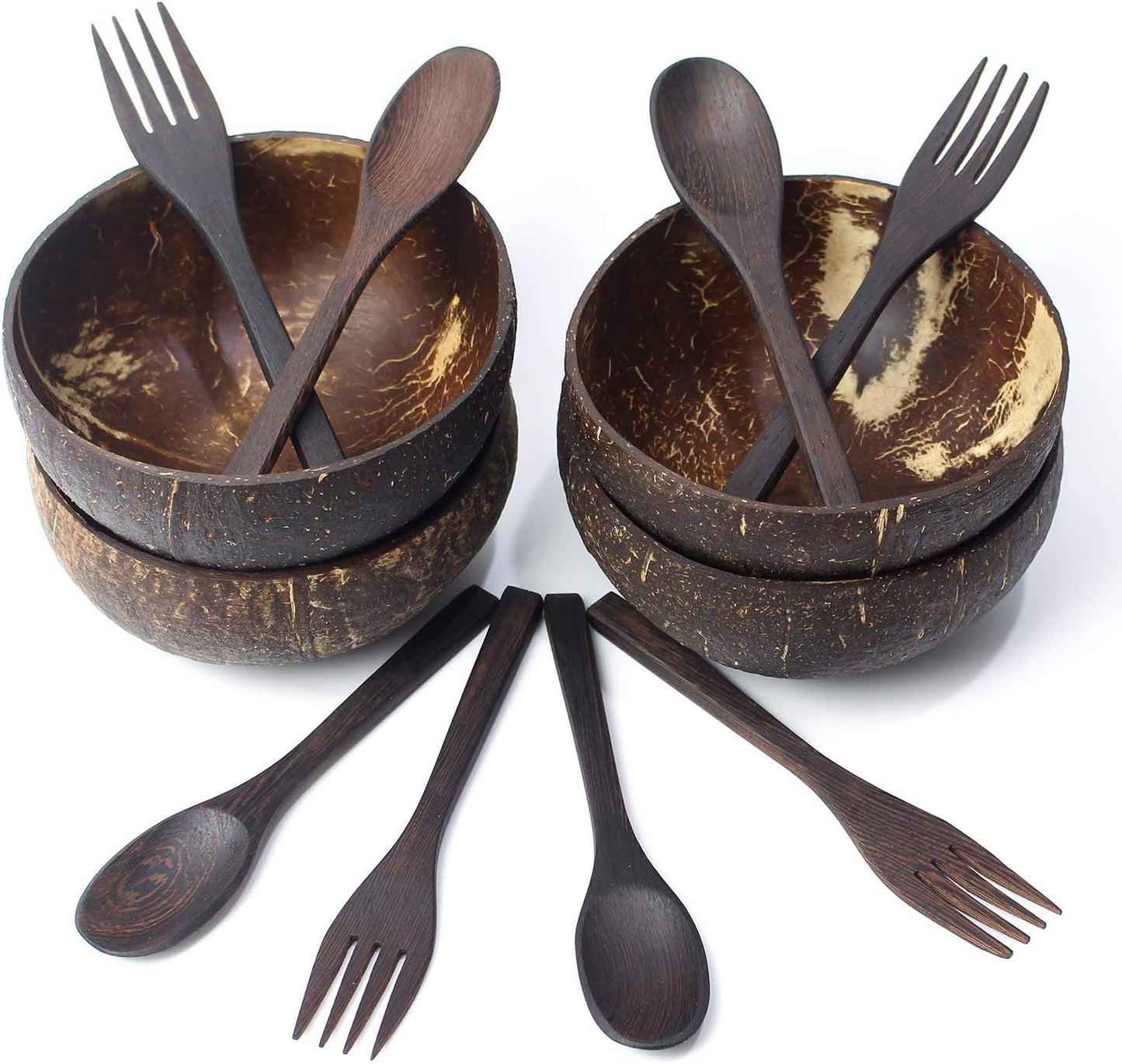 Vikra Set of 4 Vietnamese Coconut Bowls with Spoons and Forks, 100% Natural Handmade Eco-Friendly Kitchen Bowls