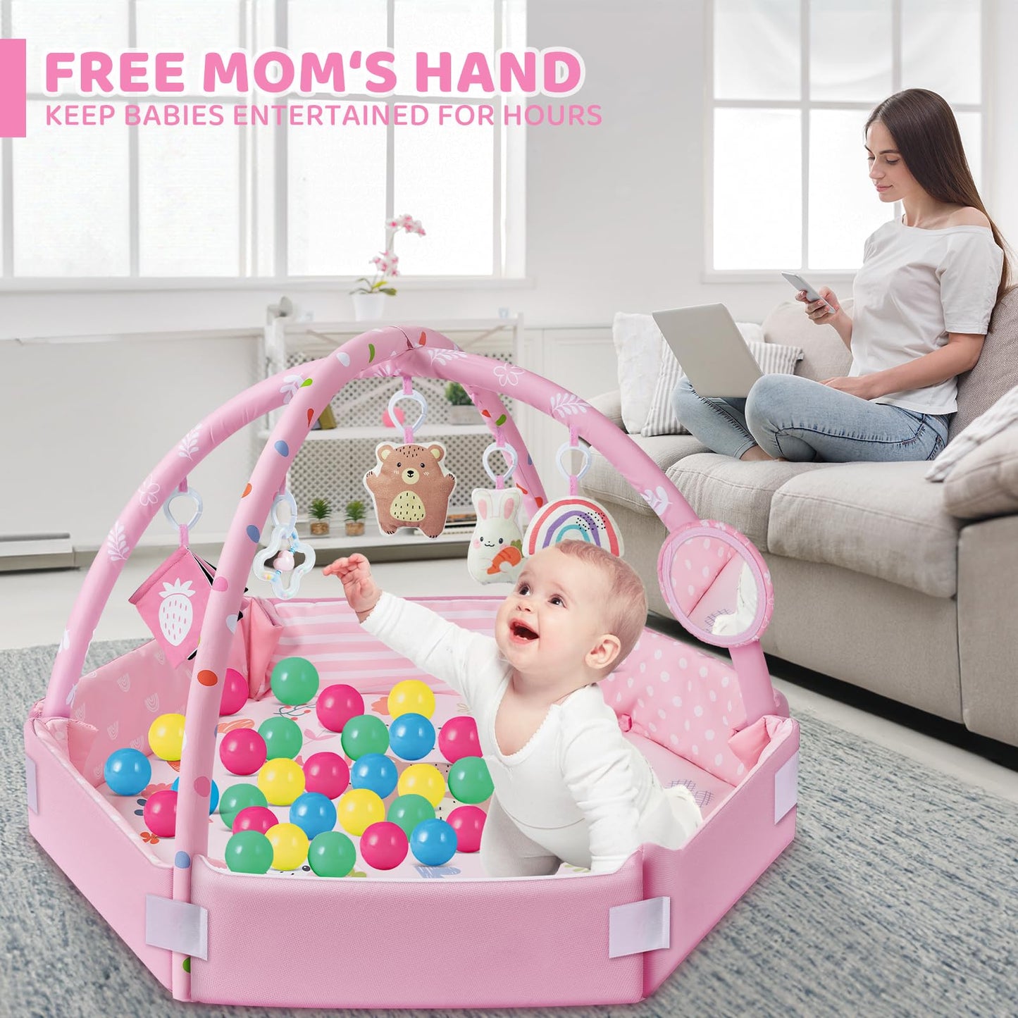 Baby Gym Play Mat, 8-in-1 Tummy Time Mat & Ball Pit with 6 Toys, Washable Baby Activity Mat for Visual, Hearing, Sensory, Motor Development, Baby Gift Newborn Infant 0-3-6-9-12 Months (Pink)