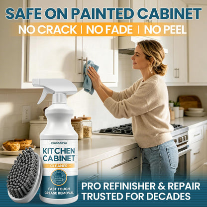 cocomfix Kitchen Cabinet Cleaner, Tough & Gentle Degreaser for Wood, Painted Kitchen Cabinet & Furniture, Grime & Grease Remover – No Residue, No Streaks, with Soft Scrub Brush – 32oz