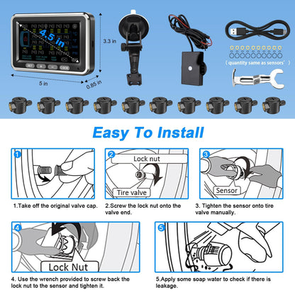 NLNE Trailer Tire Pressure Monitoring System 8 Sensors, 4.5" RV TPMS with Flow Through Sensor,6 Alerts Modes Monitor for Semi Truck/Camper/5th Wheel,Motorhome,Signal Booster,0-188PSI(4-22 Sensors)