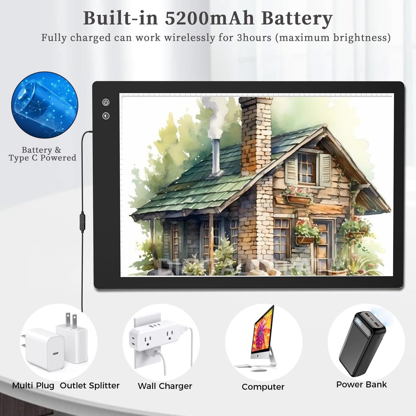 PICOVISTA A2 Light Pad for Diamond Painting, LED Tracing Light Box with 3 Color Modes and Adjustable Brightness Battery Powered Light Board for Weeding Vinyl, Drawing, Sketching, Artists, Tatoo