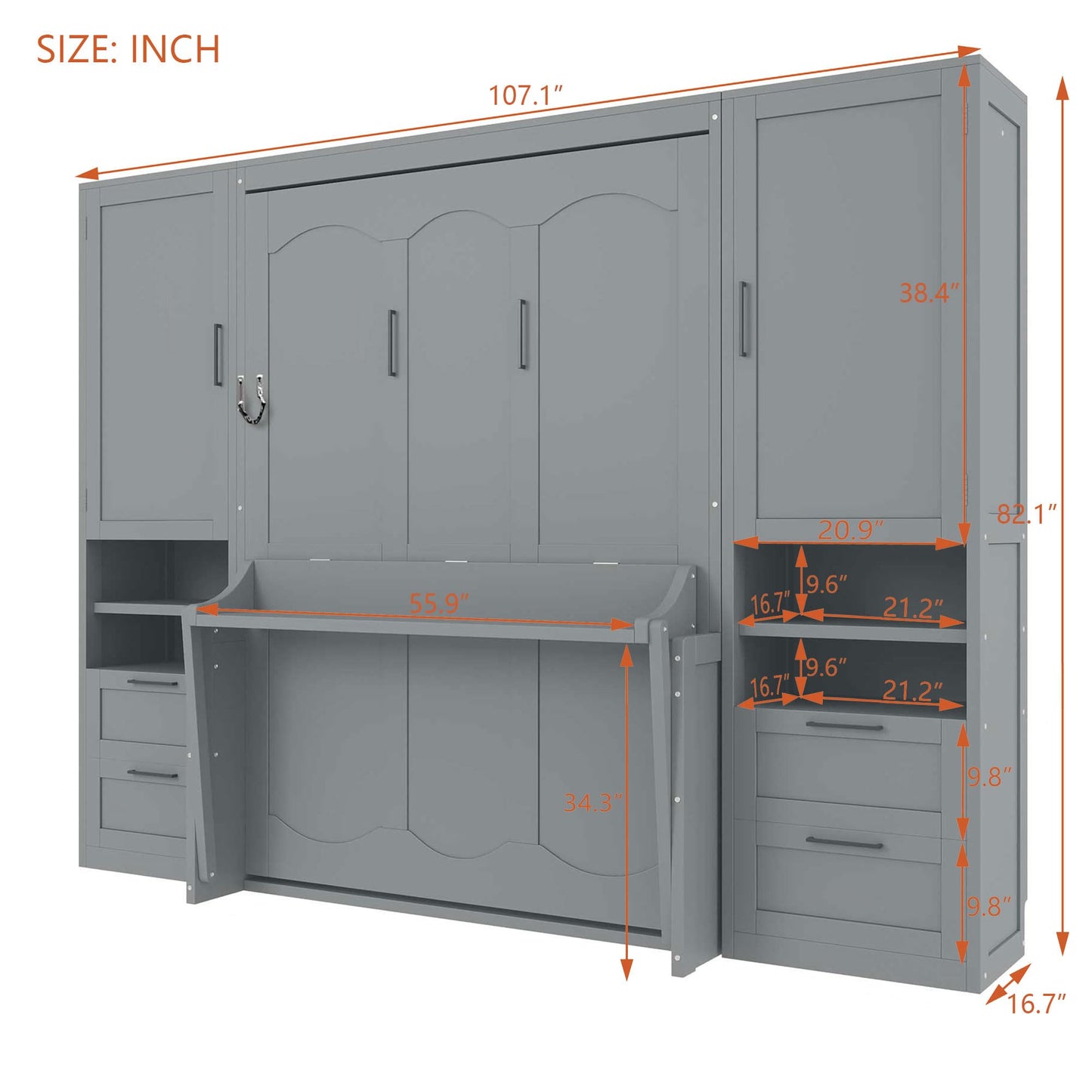 Merax Full Size Murphy Bed with Desk, Closet, Drawers and Shelves, Multifunctional Foldable Wood Platform Bed Frame for Small Spaces Studio Study Office Guest Room, Space-Saving Design, Gray