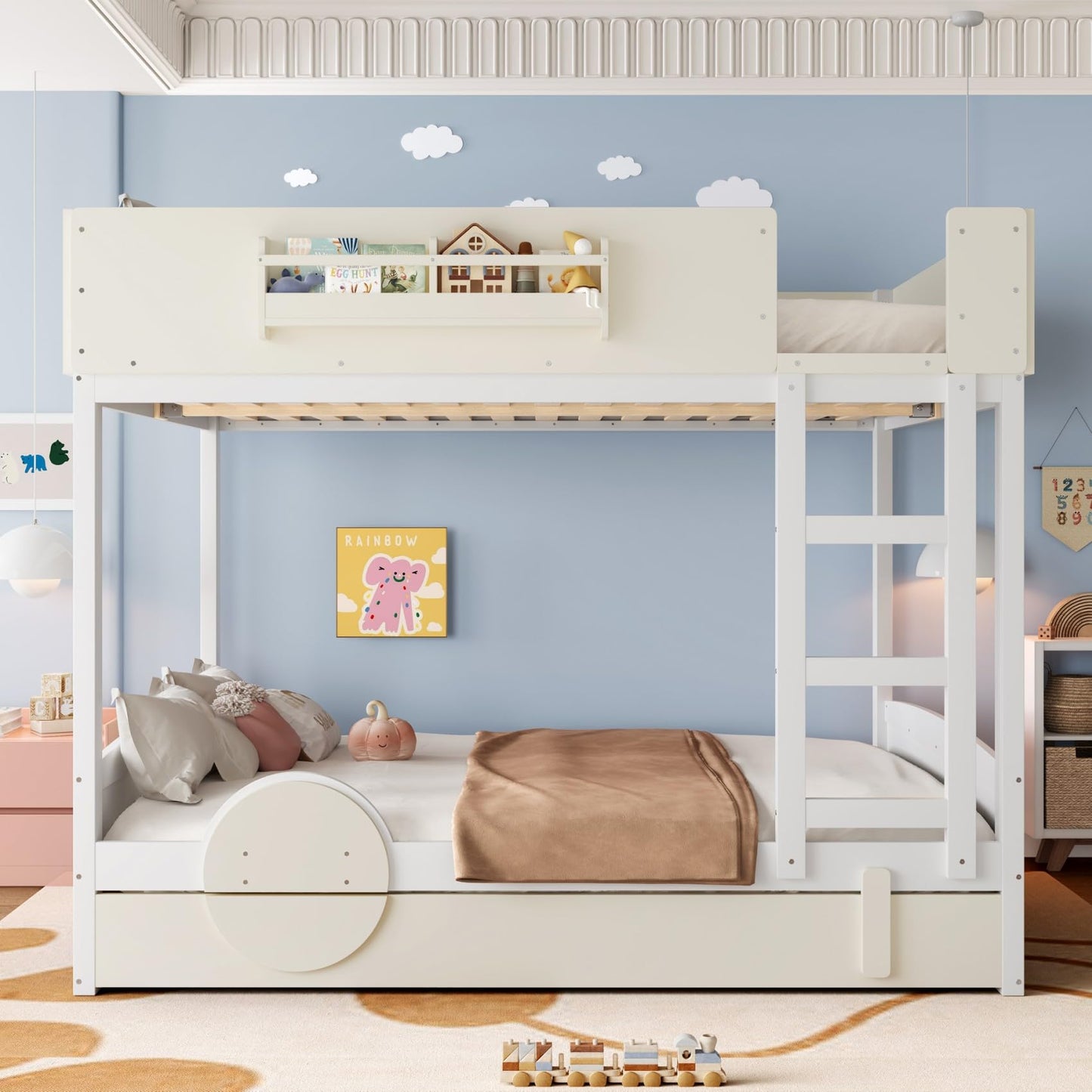 KEIKI Queen Over Queen Size Bunk Bed with Trundle, Pine Solid Wood Triple Bunk Beds Frame with Bookshelf, Guardrail, Slat and Ladders, Automobile Form Design bunkbed for Kids Teens & Adults