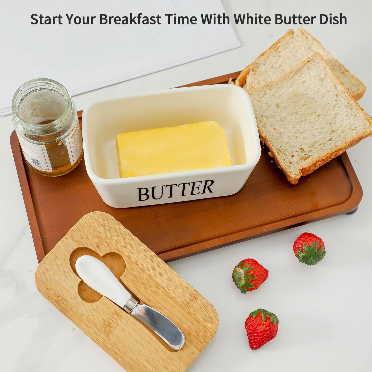 Butter Dish with Lid - Hasense White Ceramic Butter Dish with Airtight Cover and Knife for Countertop, Large Butter Holder Keeper Container with Silicone Sealing Ring for West East Coast