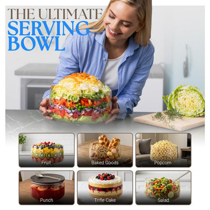 Large Trifle Bowl with Lid Set, 4.8Q (155oz) - Silver Serving Spoon & Acacia Wood Lid - Decorative Glass Mixing Bowl, Trifle Glass With Pedestal - Serving Bowl for Layered Desserts, Fruits, Salads,