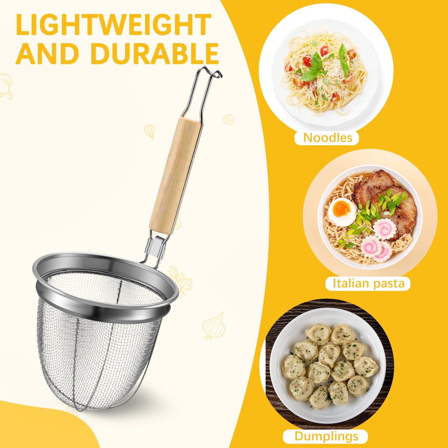 Patelai 4 Pcs Pasta Strainer Basket 5.5"x5.5" Stainless Steel Noodle Strainer with Wood Handle Kitchen Round Base Mesh Spider Basket Skimmer Food for Pasta, Ramen, Dumplings, and Deep-fried Foods