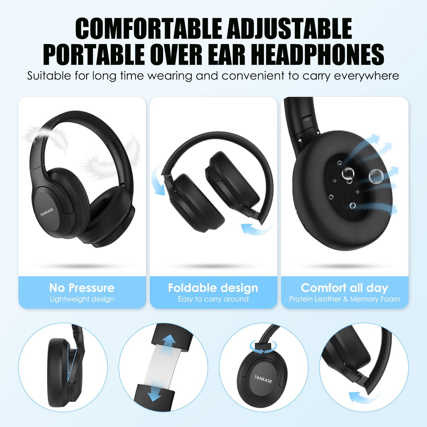 TANKASE Active Noise Cancelling Headphones, Wireless Over Ear Bluetooth Headphones,100H Play Time Bluetooth Headphone with Microphone,Lightweight and Foldable Comfortable Deep Bass for Work/Gym Black