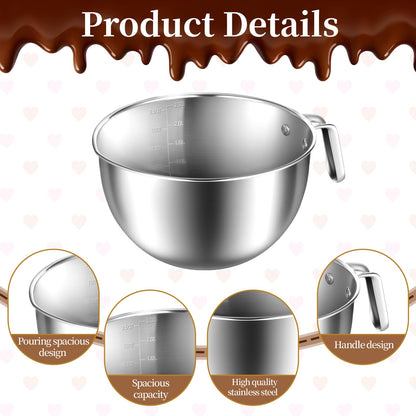 BOHUIZ 304 Stainless Steel Double Boiler with Spatula and Spoon, 4.2QT Dual-Handle Pot 2.6QT Melting Bowl with Scale and Handle Stackable Water Bath Melting Pot Set for Chocolate, Butter, Sugar, Wax