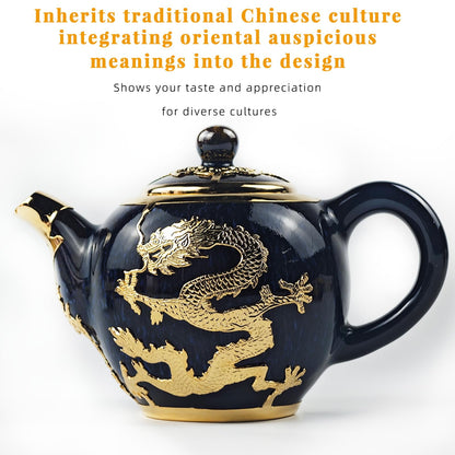 CKHNX Jun Porcelain Gold-Inlaid Tea Set, Zen Style, Includes Teapot and 6 Cups, Premium Gift Box, for Business, Festivals and Birthdays