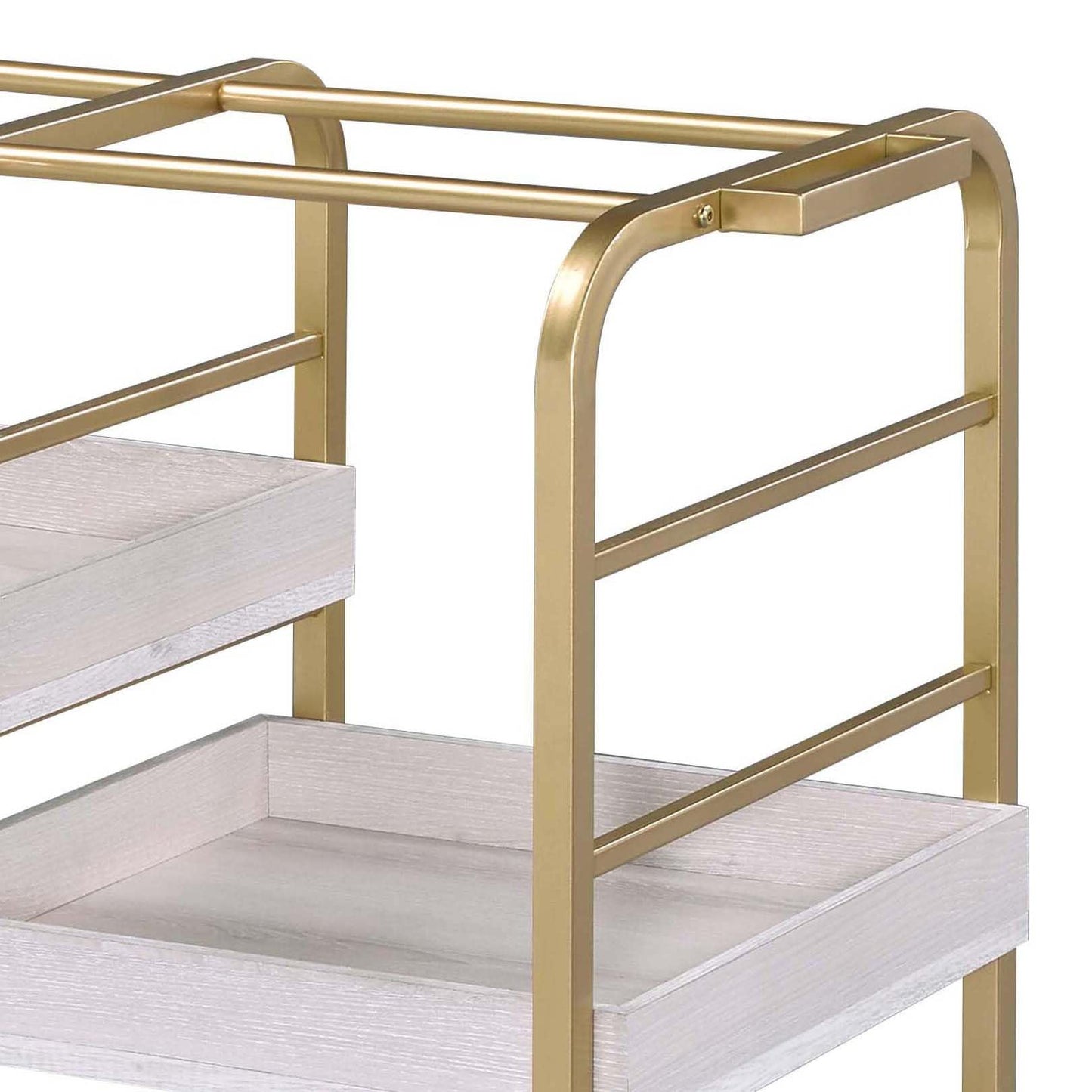 Qwtrvlizi Gold and White Washed Serving Cart with 3 Adjustable Trays