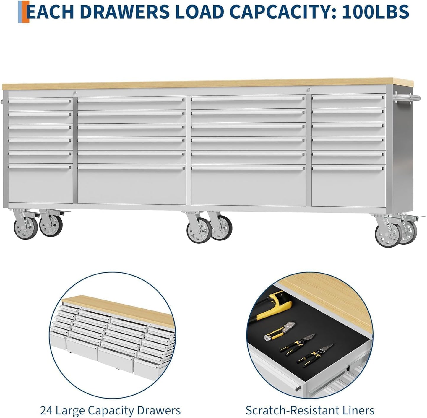 96" Rolling Tool Chest, 24 Drawers, Solid Rubber Wood Workbench Top, Locking Wheels and Key Lock, Mobile Garage Storage Cabinet, Heavy Duty Mobile Organizer for Workshop, Silver