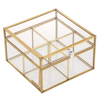 ELLDOO Gold Glass Tea Bags Box with Lid, Trinket Jewelry Box Countertop Storage for Sugar Packets Makeup Sponges Jewelry, 4 Grids, Glass Box Only