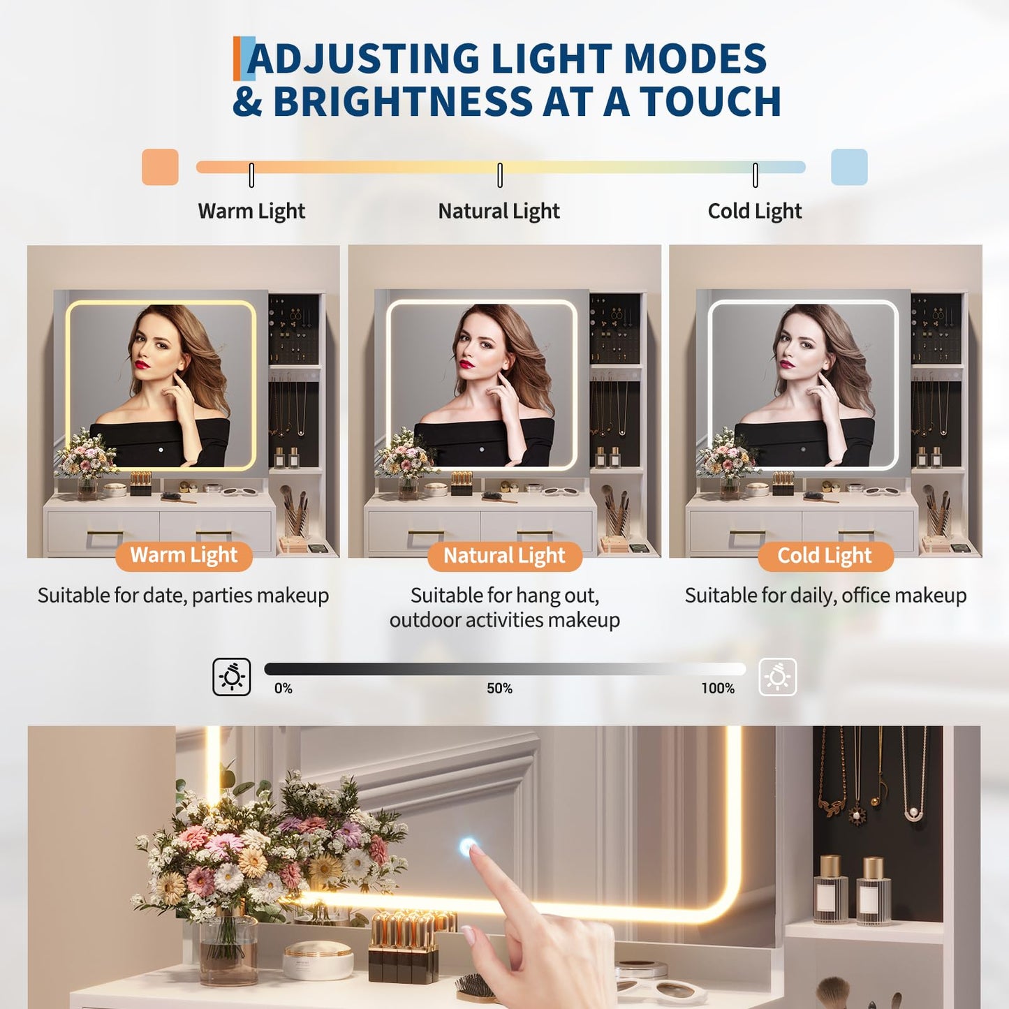 IDEALHOUSE Vanity Desk with Mirror and Lights, Makeup Vanity Set with Drawers & Chair, 3 Light Mode and Brightness Adjusted & Power Outlet, Dressing Table with Hairdryer Holder for Bedroom