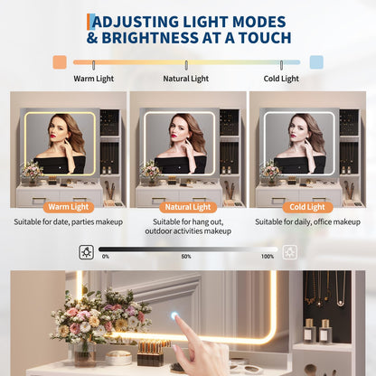 IDEALHOUSE Vanity Desk with Mirror and Lights, Makeup Vanity Set with Drawers & Chair, 3 Light Mode and Brightness Adjusted & Power Outlet, Dressing Table with Hairdryer Holder for Bedroom