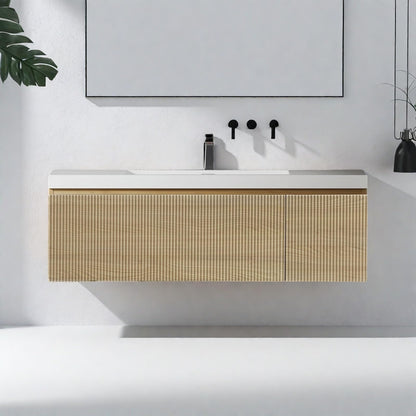 Trygoal Wall Mounted Bathroom Sink Vanity, Modern 48" Floating Vanity with Resin Basin, U-Shaped Soft-Close Storage Drawer & Side Door, Striped Bathroom Storage Cabinet with Invisible Handle, Wood