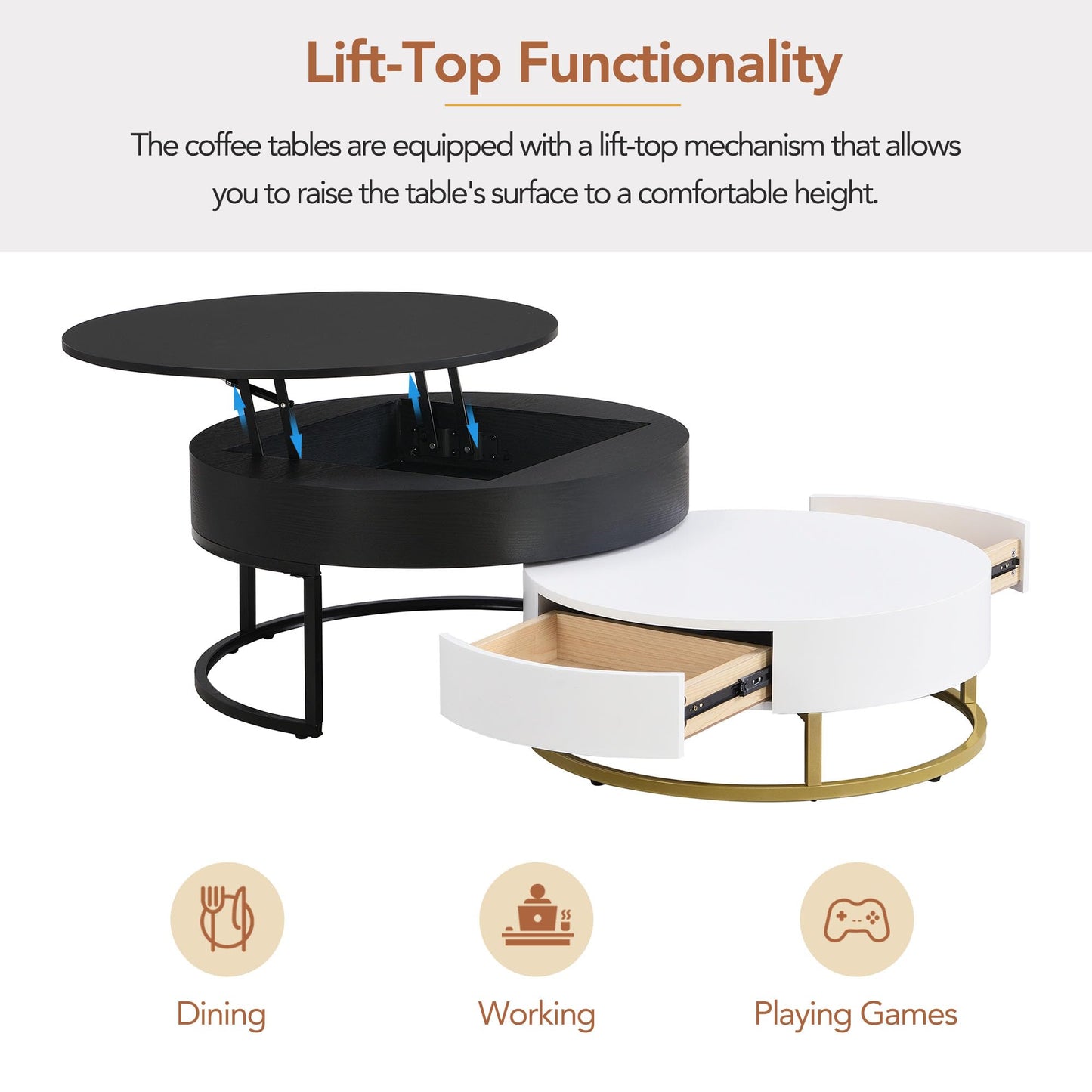Lift-Top Nesting Coffee Table with Drawers Hidden Compartment Adjustable Storage Shelf, Modern Furniture for Living Room
