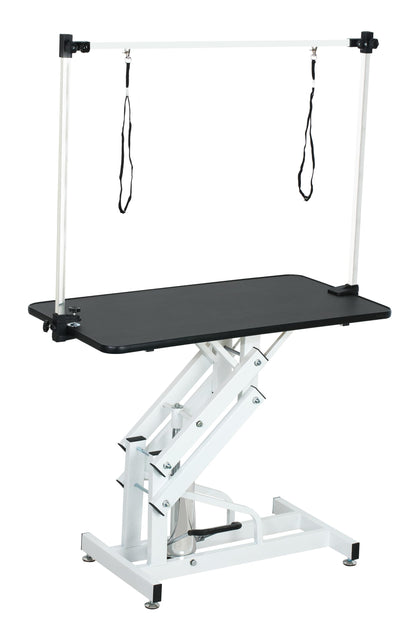 GDFStudio 42.5" Hydraulic Dog Grooming Table with Adjustable Arm & Noose, Heavy Duty Z-Lift Pet Grooming Table for Dogs at Home, Height Adjustable 21" to 36", 330LBS Capacity, White+Black