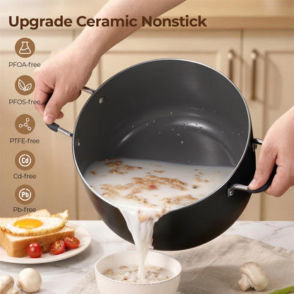 10 Quart Nonstick Stock Pot with Lid, Ceramic Soup Pot with Lid, Induction Cooking Pot with Silicone Handle for All Stoves, Healthy Non-toxic Cooking Pot for Stew/Pasta, PFAS & PFOA Free