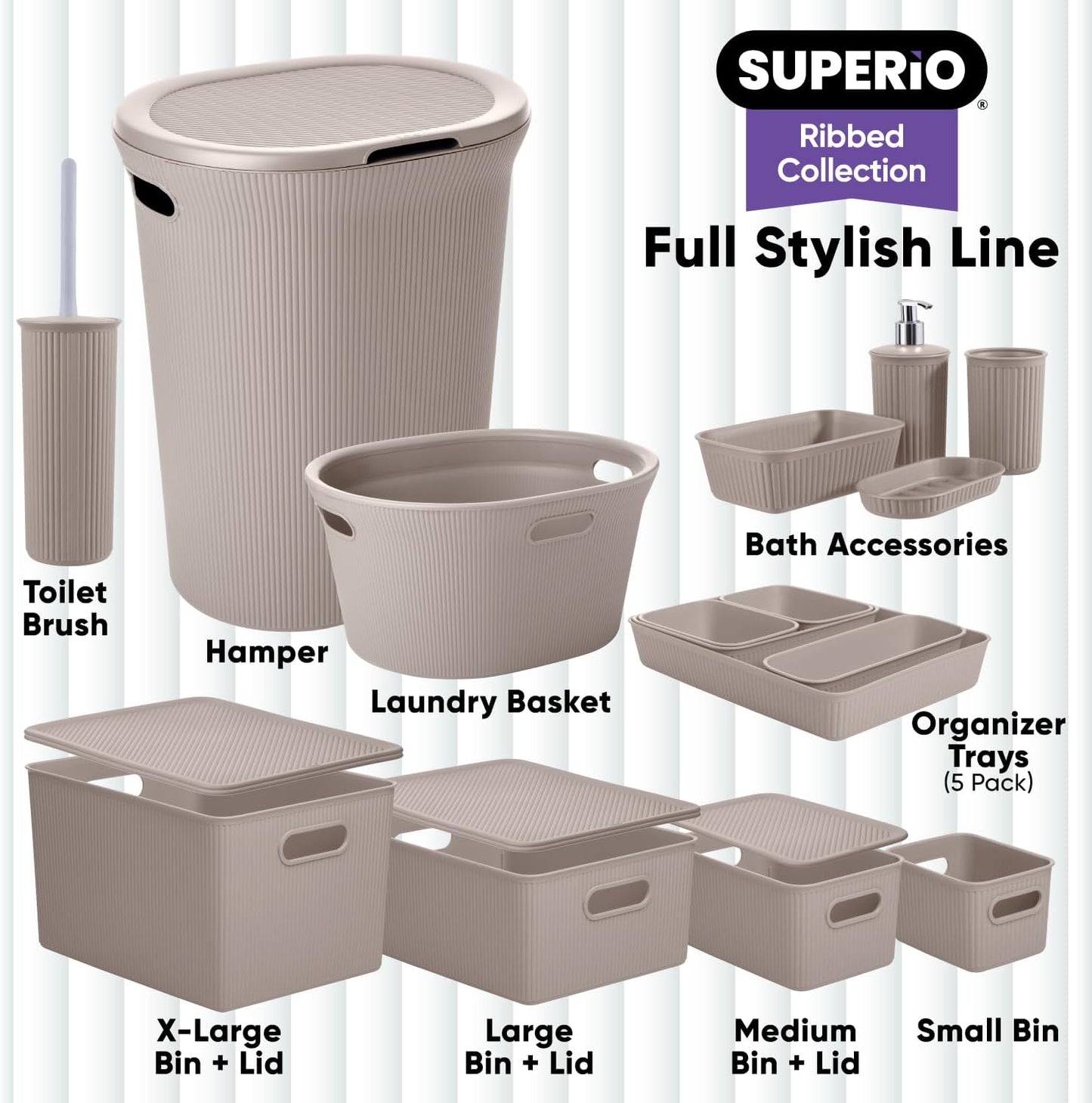 Superio Ribbed Collection - Medium Taupe Decorative Plastic Open Home Storage Bins Organizer Baskets (2 Pack) for