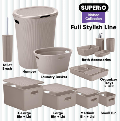 Superio Ribbed Collection - Decorative Plastic Open Storage Bins, Large Taupe (2 Pack), 15 Liter/16 Quart