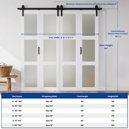 SMARTSTANDARD 72in x 84in Bifold Barn Door, Frosted Glass Barn Door with Hardware Kit Included, Pre-Drilled Holes Easy Assembly -Solid Barn Doors Slab Covered with Water-Proof PVC Surface, White