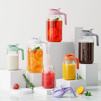 Glass Mason Jar Pitcher, 64 oz Wide Mouth Jug with Pour Spout Handle Lid for Cold Brew Coffee, Ice Beverage, Iced Juice, Lemonade, Sun Tea, Fruit Drinks Container(Pink)