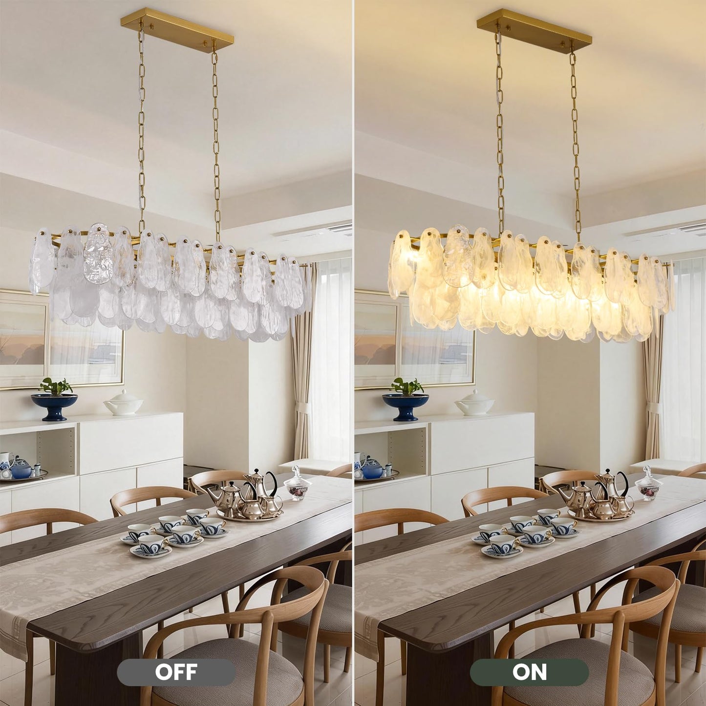 Giawosth Modern Rectangle Glass Chandelier, 43.31 Inch Gold Luxury Crystal Pendant Light, 12-Light Oval Cloud-Shaped Fixture for Island Lights Dining Room, Living Room, E12 Socket