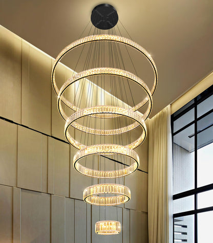 dolria Large Ring Chandelier Modern Crystal Chandeliers for High Ceiling Round LED Dimmable Ceiling Light Fixture for Foyer Long Stair Black 8''+16''+24''+32''+40''+47''