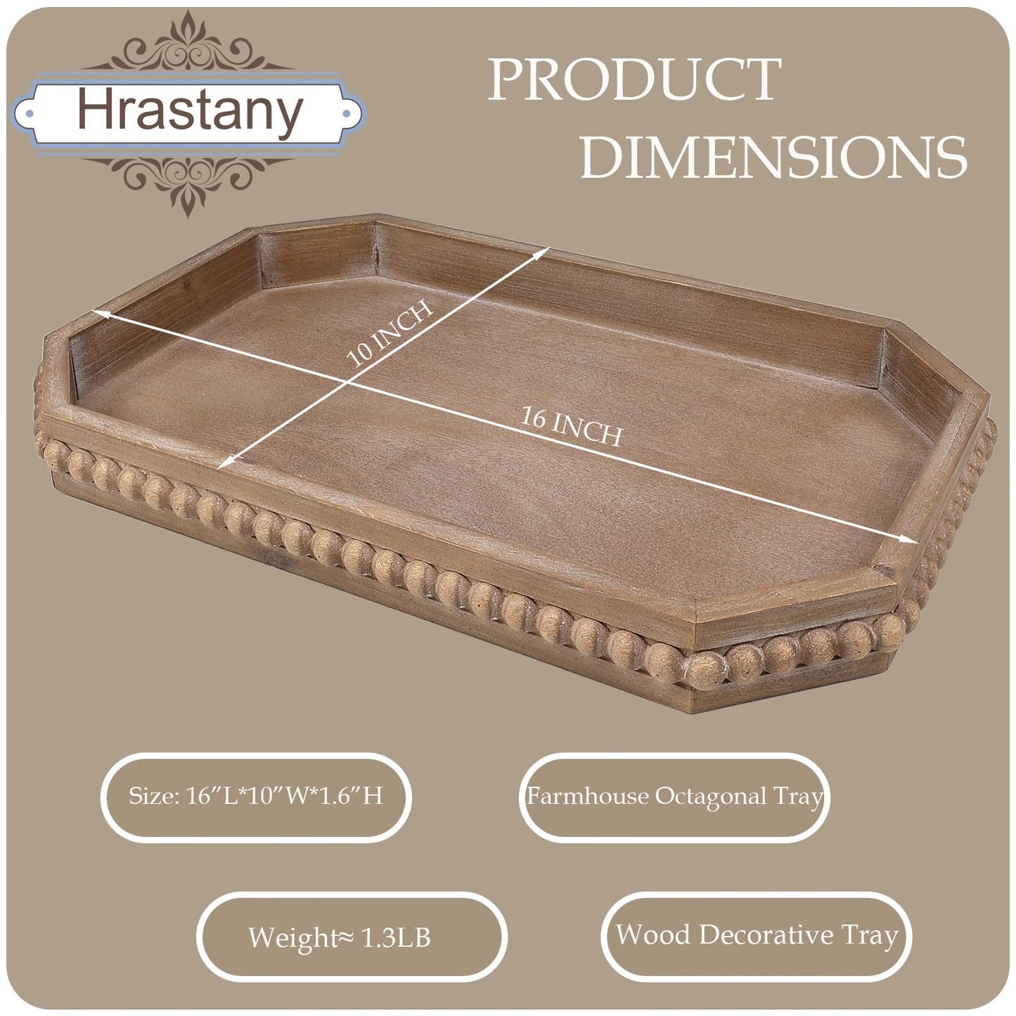 Hrastany Wood Rustic Serving Tray with Beads, Farmhouse Brown Decorative Tray for Table Centerpiece, Christmas Wedding Halloween Home Decor