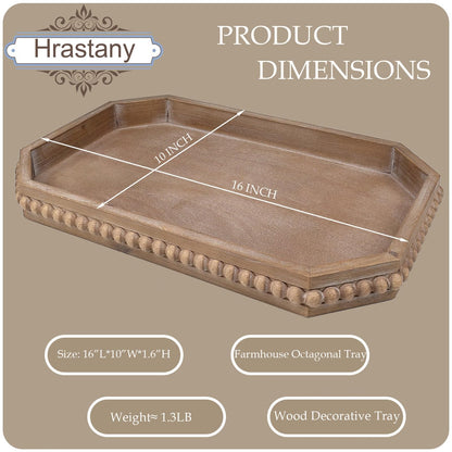 Hrastany Wood Rustic Serving Tray with Beads, Farmhouse Brown Decorative Tray for Table Centerpiece, Christmas Wedding Halloween Home Decor