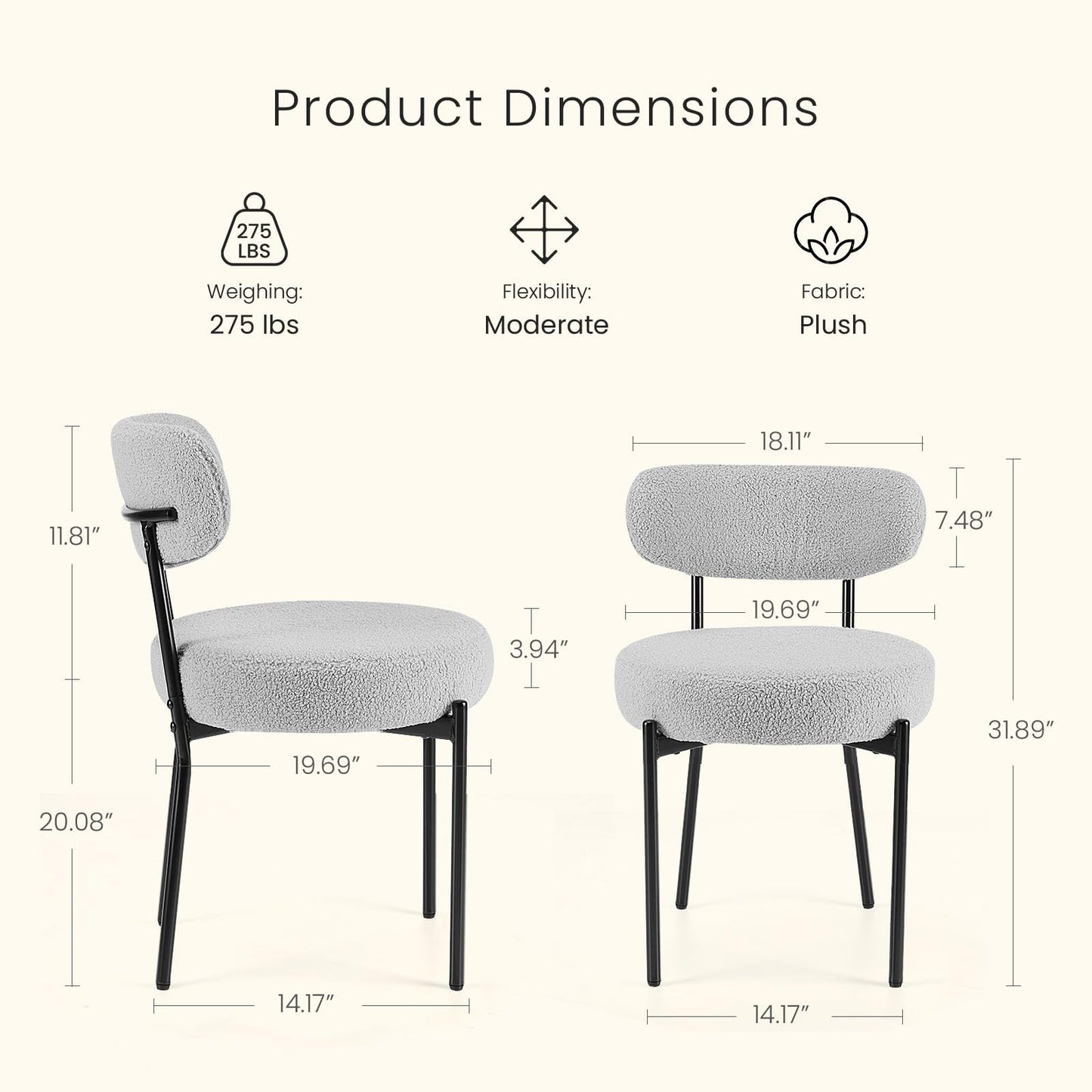 DUMOS Dining Chairs Set of 6, Mid Century Modern Chair Round Upholstered Curved Backrest, Kitchen Vanity Living Room Chairs with Black Metal Legs，Light Grey