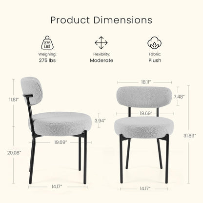 DUMOS Dining Chairs Set of 6, Mid Century Modern Chair Round Upholstered Curved Backrest, Kitchen Vanity Living Room Chairs with Black Metal Legs，Light Grey