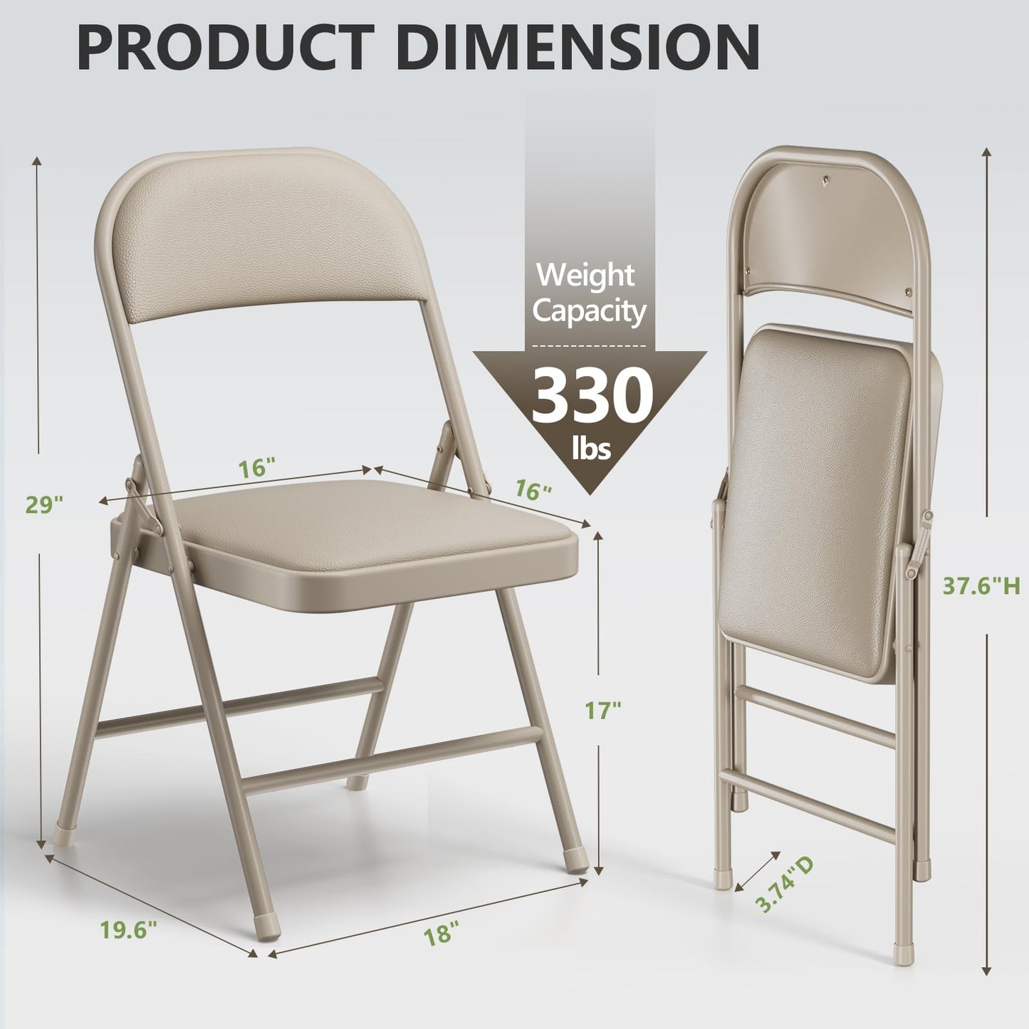 Folding Chairs 12 Pack, PU Leather Padded Folding Chairs for Outside and Indoor, Heavy Duty Portable Foldable Metal Commercial Seat for Home Office, Dorm, Party, Backyard, Lawn, Patio, Khaki