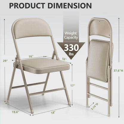 Folding Chairs 12 Pack, PU Leather Padded Folding Chairs for Outside and Indoor, Heavy Duty Portable Foldable Metal Commercial Seat for Home Office, Dorm, Party, Backyard, Lawn, Patio, Khaki