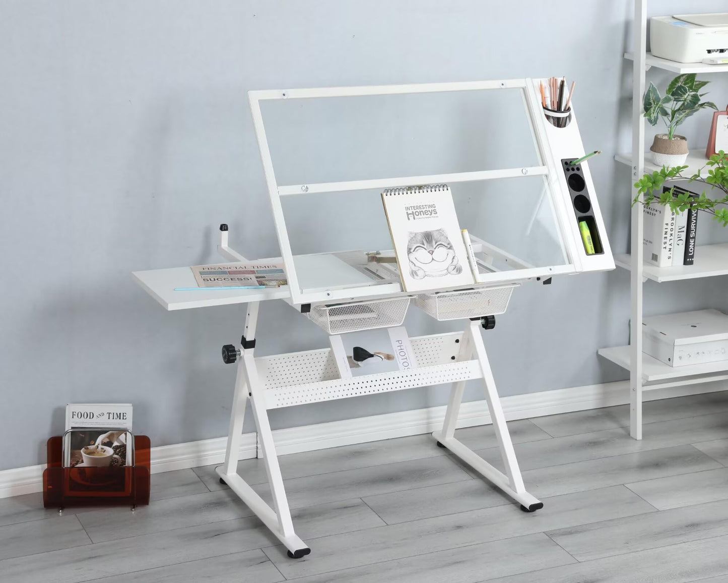 Adjustable Tempered Glass Drafting Table with Chair,Ergonomic Tilting (0-75°) & Height-Adjustable (31.5"-49.5"),Anti-Slip Feet,Storage Drawers for Drawing,Painting,Office Work,Artists,Designers,White