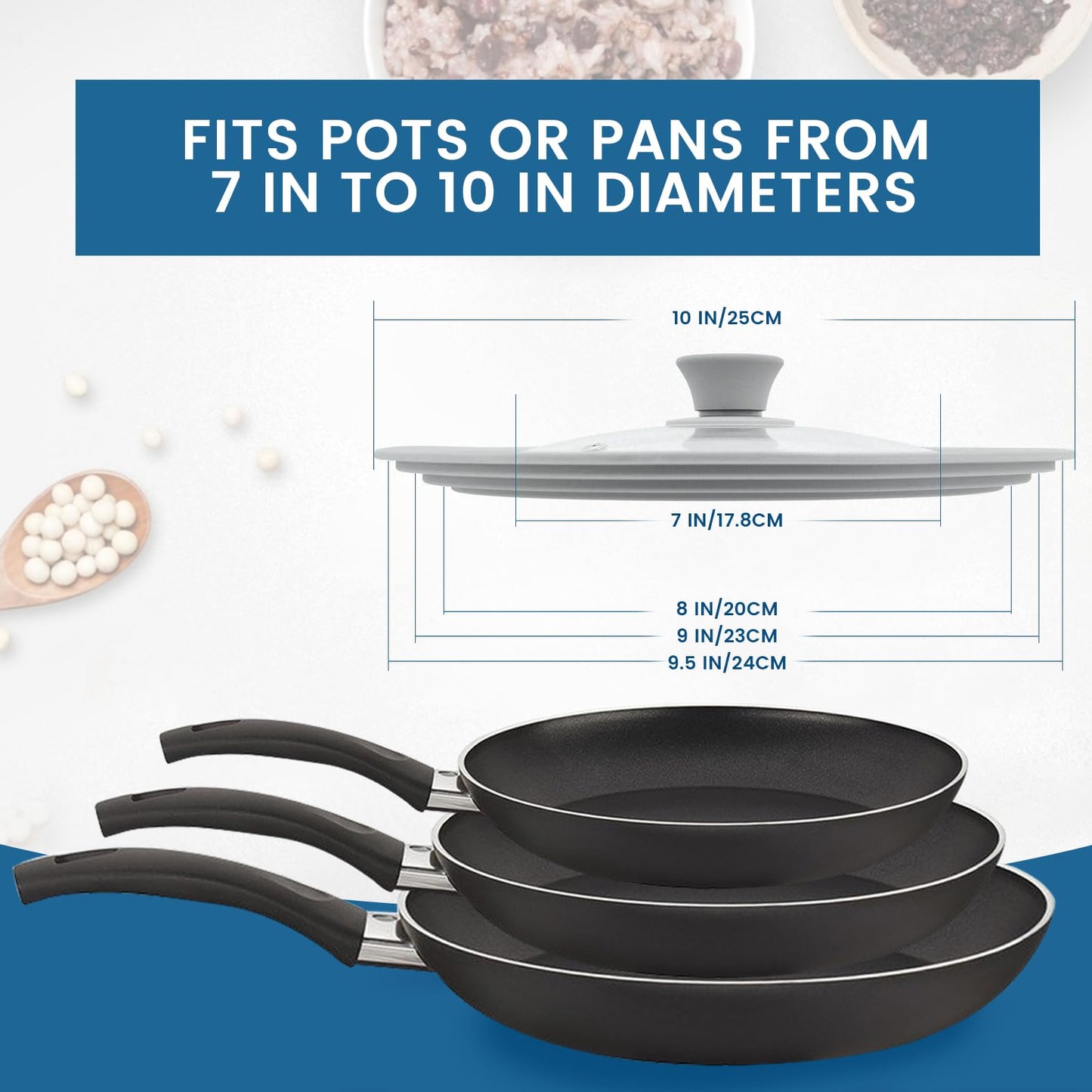 TOPULORS Universal Lid for Pots, Pans, and Skillets - Tempered Glass Lid with Silicone Rim Fits 8", 9", 9.5" Inner Diameter Cookware Frying Pan Cover Replacement Lid - Dishwasher Safe, Grey