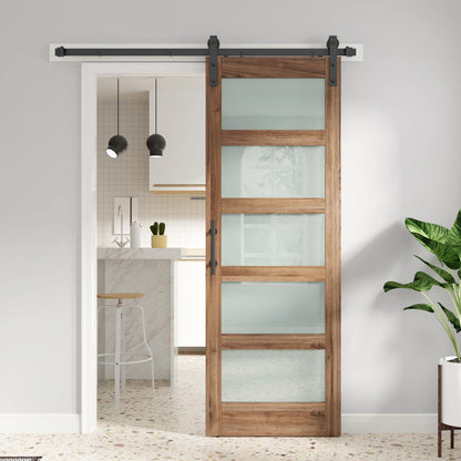 FREDBECK 30 x 84 inch Glass Barn Door with 5.5FT Barn Door Hardware Kit & Handle Included,5-Panel Frosted Glass,Wood Panel,Water-Proof Surface,Pre-Drilled Holes,Need Assembly