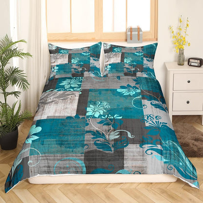 Grunge Ombre Boho Floral Bedding Set - Watercolor Artwork Comforter Cover, Queen Duvet Cover, Turquoise