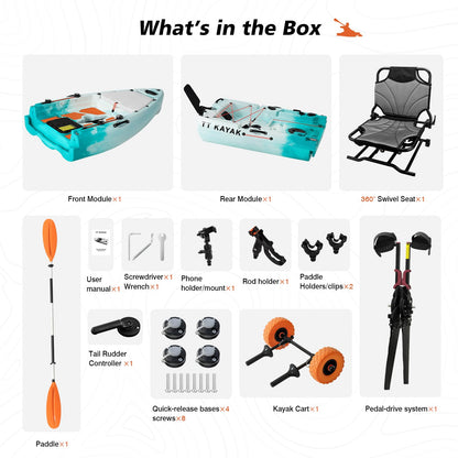Modular Fishing Kayak with Cart & Paddle, 573 lbs Capacity, 110" Sit-on-Top Kayak, 360° Swivel Seat, 2-Piece Portable Design Fits SUV/Pickup/Van, for Ocean, Lake & River (1-Person Kayak)
