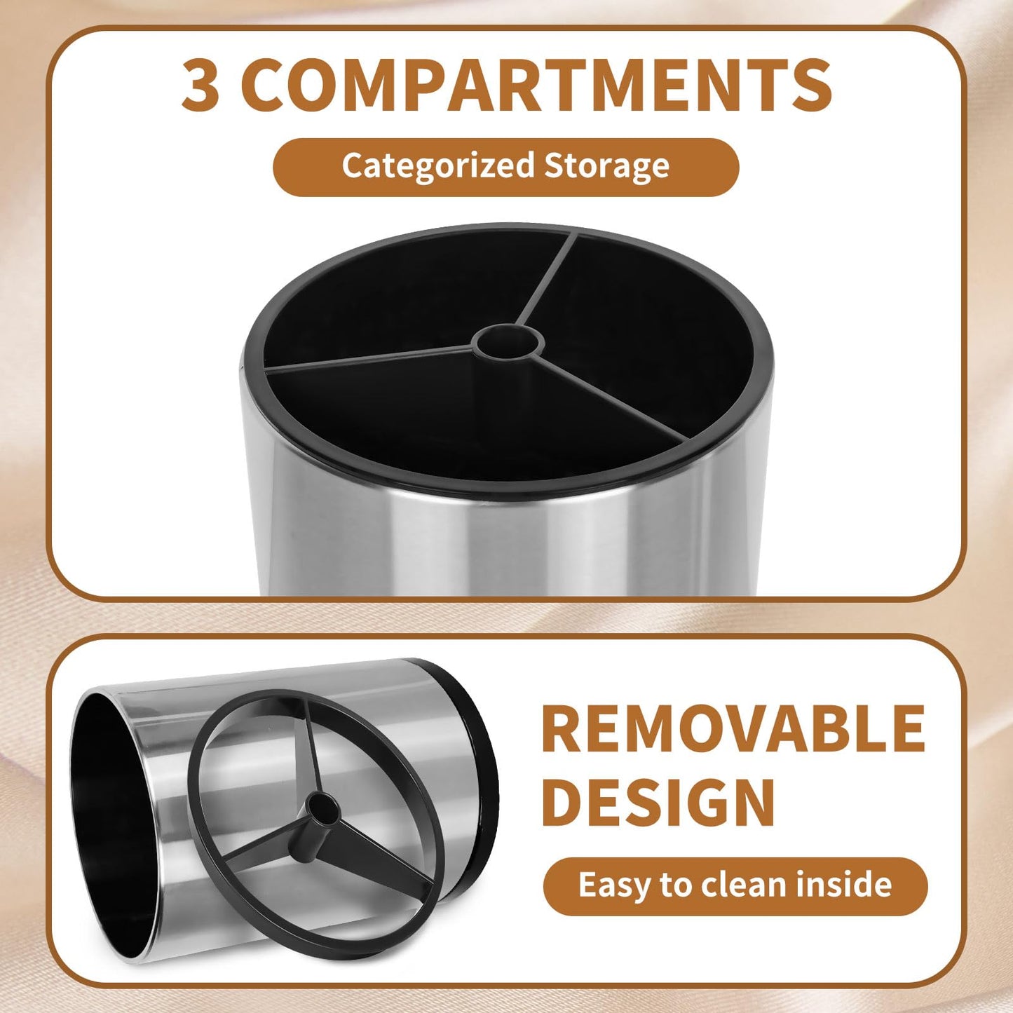 Nigelia Extra Large Kitchen Utensil Holder, 360° Rotating Stainless Steel Cooking Utensil Holder for Countertop, 3 Compartment Flatware Organizer & Cooking Caddy with Removable Base（Silvery）