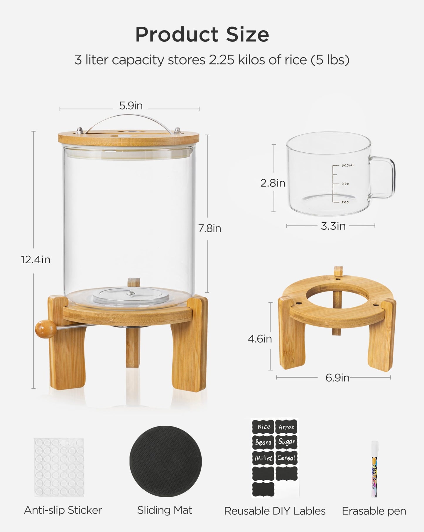 Famyards 5-7 lbs Glass Rice Dispenser with Wooden Stand Flour and Cereal Container with Glass Measuring Cup & Labels & Slider mat Pantry Food Organization Storage Bin with Airtight Bamboo Lid, 3L