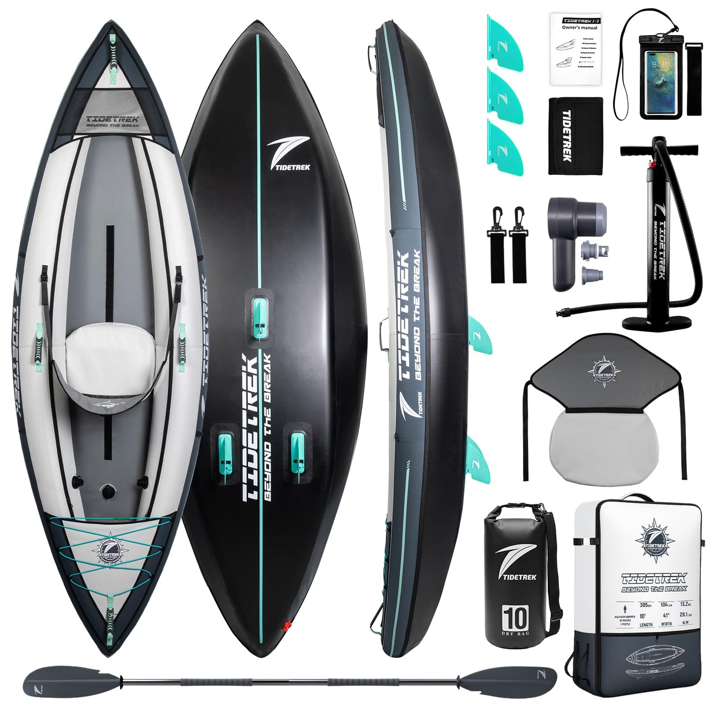 TIDETREK Inflatable Touring Kayak 1-Person & 2-Person with Waterproof Seat & Full Accessory Kit, Lightweight Recreational Kayak for Lake, River & Fishing (Storm Edge, 1-Person(Single))