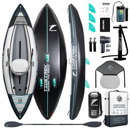 TIDETREK Inflatable Touring Kayak 1-Person & 2-Person with Waterproof Seat & Full Accessory Kit, Lightweight Recreational Kayak for Lake, River & Fishing (Storm Edge, 1-Person(Single))