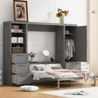 Merax Murphy Bed Queen Size, Built-in Shelves, Storage Drawers and Wardrobe, Wood Folding Wall Bedframe for Guest Room, Home Office, Grey