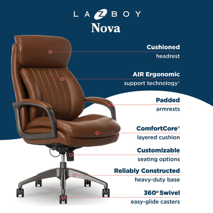 La-Z-Boy Nova Executive Office Chair - Ergonomic High Back Desk Chair with AIR Lumbar Support - Comfortable ComputerChair for Home Office - Vegan Leather - Cognac Brown