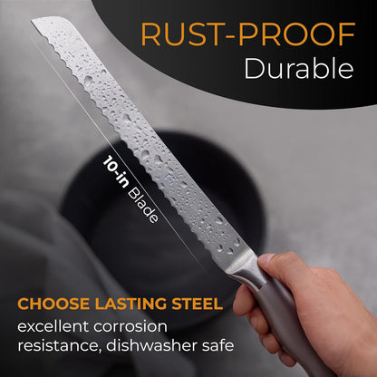 Orblue 10-Inch Serrated Bread Knife, Upgraded Stainless Steel Razor Sharp Wavy Edge for Homemade Bagels