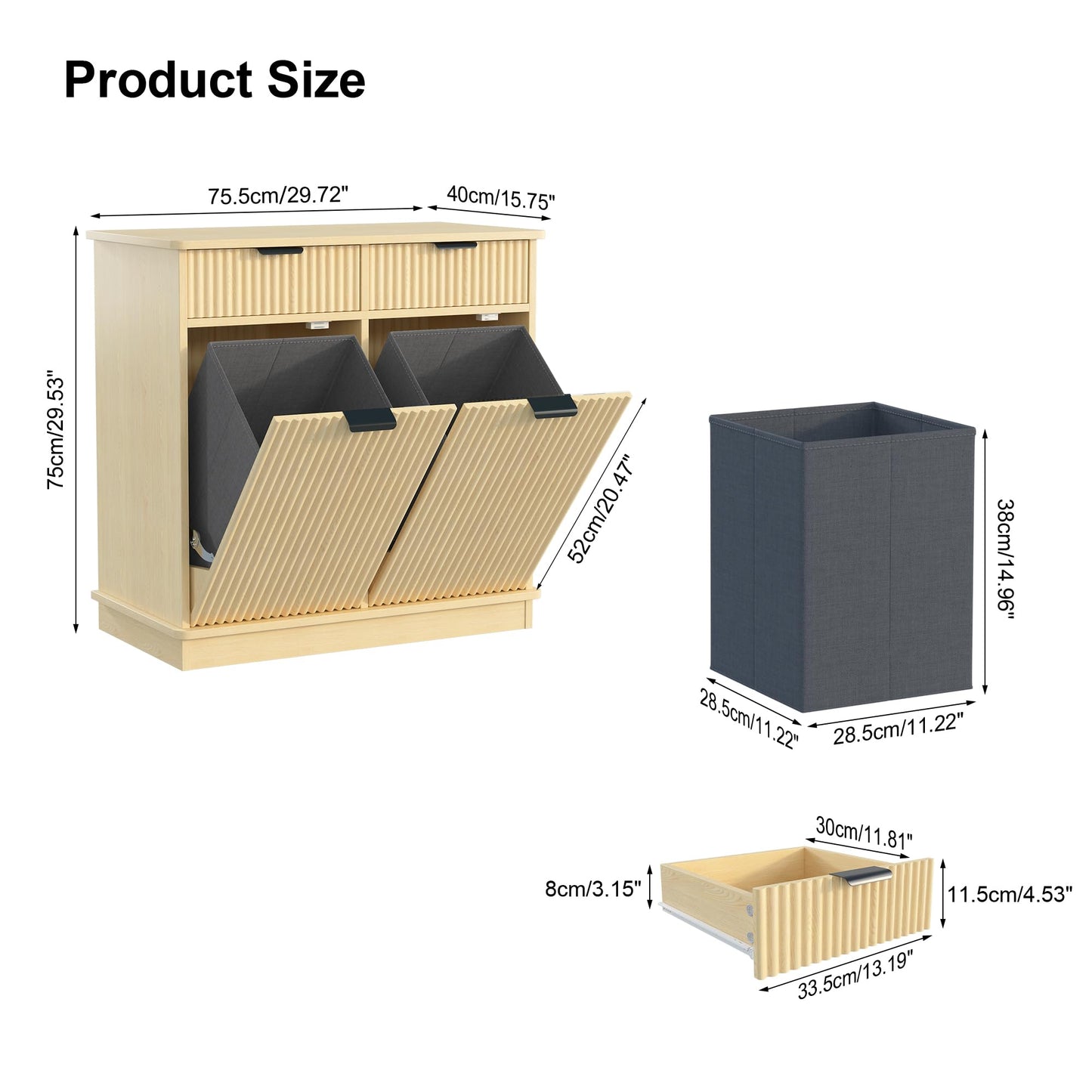 Mepplzian Natural Double Tilt Out Laundry Hamper Cabinet Laundry Basket Cabinet Hidden Laundry Hamper with 2 Drawers & 2 Baskets for Bathroom Bedroom,30x30x16in