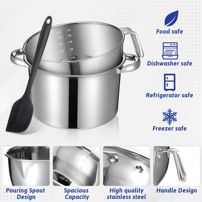 Double Boiler Pot Set, Include 2500ml/2.3QT Mixing Bowl and 4000ml/3.63qt Stainless Steel Pot, Silicone Spatula, For Candy, Soap Wax Candle Making Supplies, Induction Safe