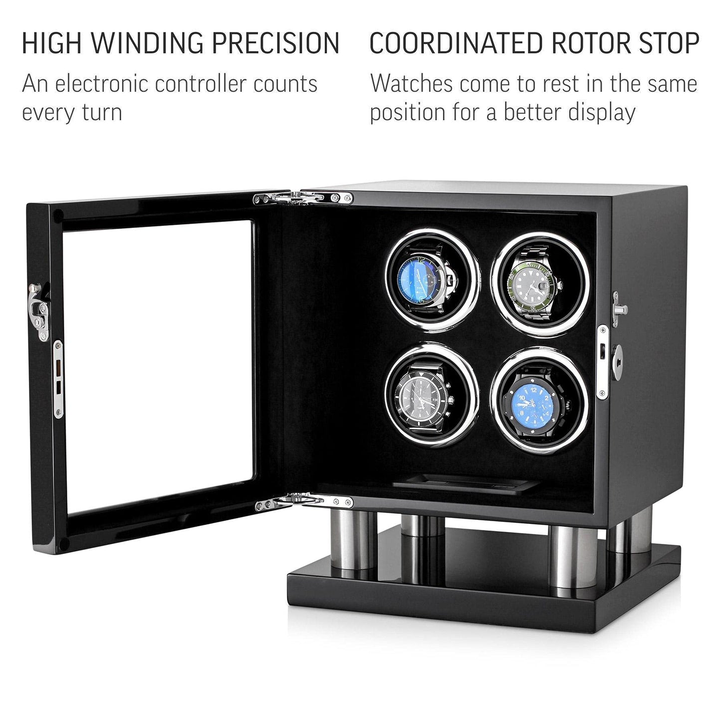 Watch Winder for 4 Watches with LED Backlight, LCD Display and Motor-Stop Option (Black & Black)