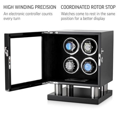 Watch Winder for 4 Watches with LED Backlight, LCD Display and Motor-Stop Option (Black & Black)